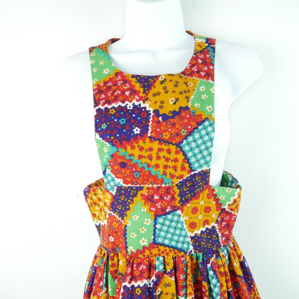 Vintage 70s Pinafore Maxi Dress Apron Patchwork XS S Cottagecore Prairie Ruffle - Picture 2 of 8